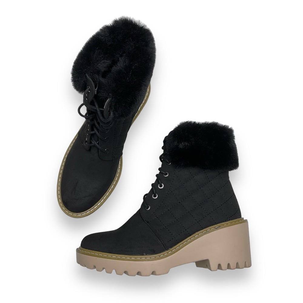 Nicole Miller New York Boots Size 7 Black Faux Fur Lace Up Quilted Latte NWOB